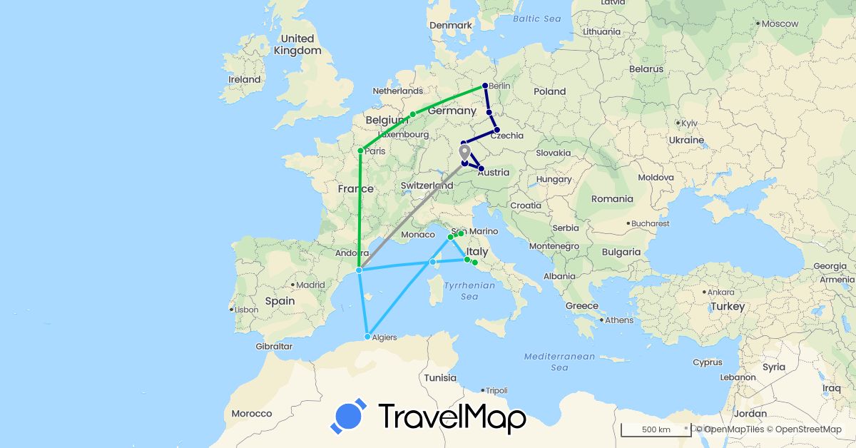TravelMap itinerary: driving, bus, plane, boat in Austria, Czech Republic, Germany, Algeria, Spain, France, Italy (Africa, Europe)
