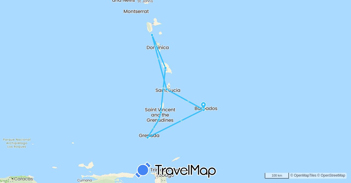 TravelMap itinerary: driving, boat in Barbados, France, Grenada, Saint Lucia, Saint Vincent and the Grenadines (Europe, North America)